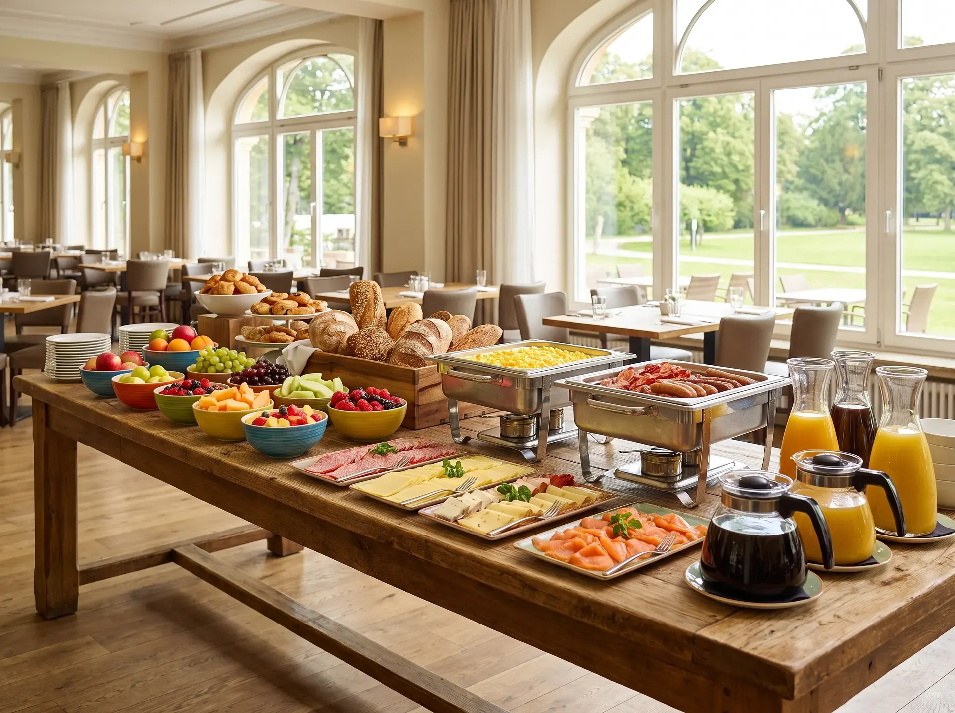 Frukostbuffé med frukt, bröd och juice på Kviberg Park Hotel
